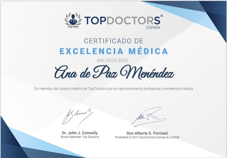 Certificado de Excelencia Médica Top Doctors 2024-2025 de Ana de Paz Menéndez, psicólogo sanitario en Psicopartner
