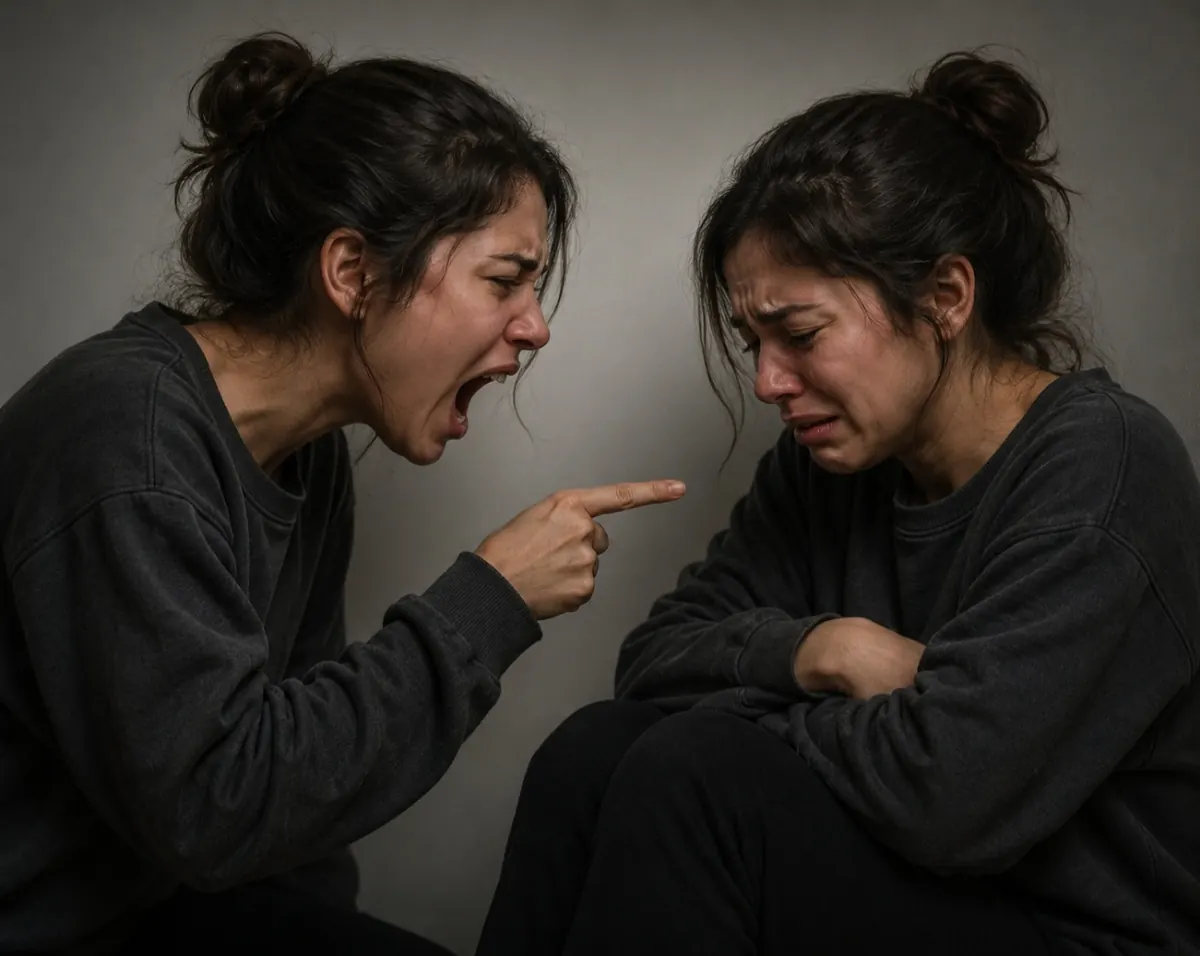 La terapia focalizada en la emoción en los trastornos depresivos 7 Mujer que se grita a sí misma mientras su otra versión llora, imagen sobre la autocrítica en la depresión