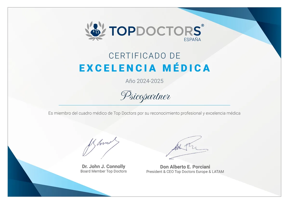Certificado de Excelencia Médica 2024-2025 de Top Doctors España a Psicopartner, miembro de su cuadro médico
