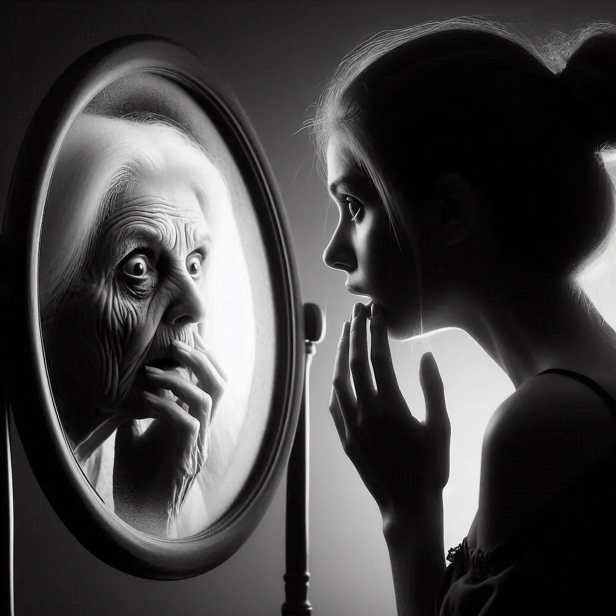 Duelo preventivo: cómo afrontar el deterioro de los padres ancianos 2 Mujer joven frente a un espejo que le devuelve el reflejo de una anciana, imagen sobre el duelo preventivo por el envejecimiento de los padres