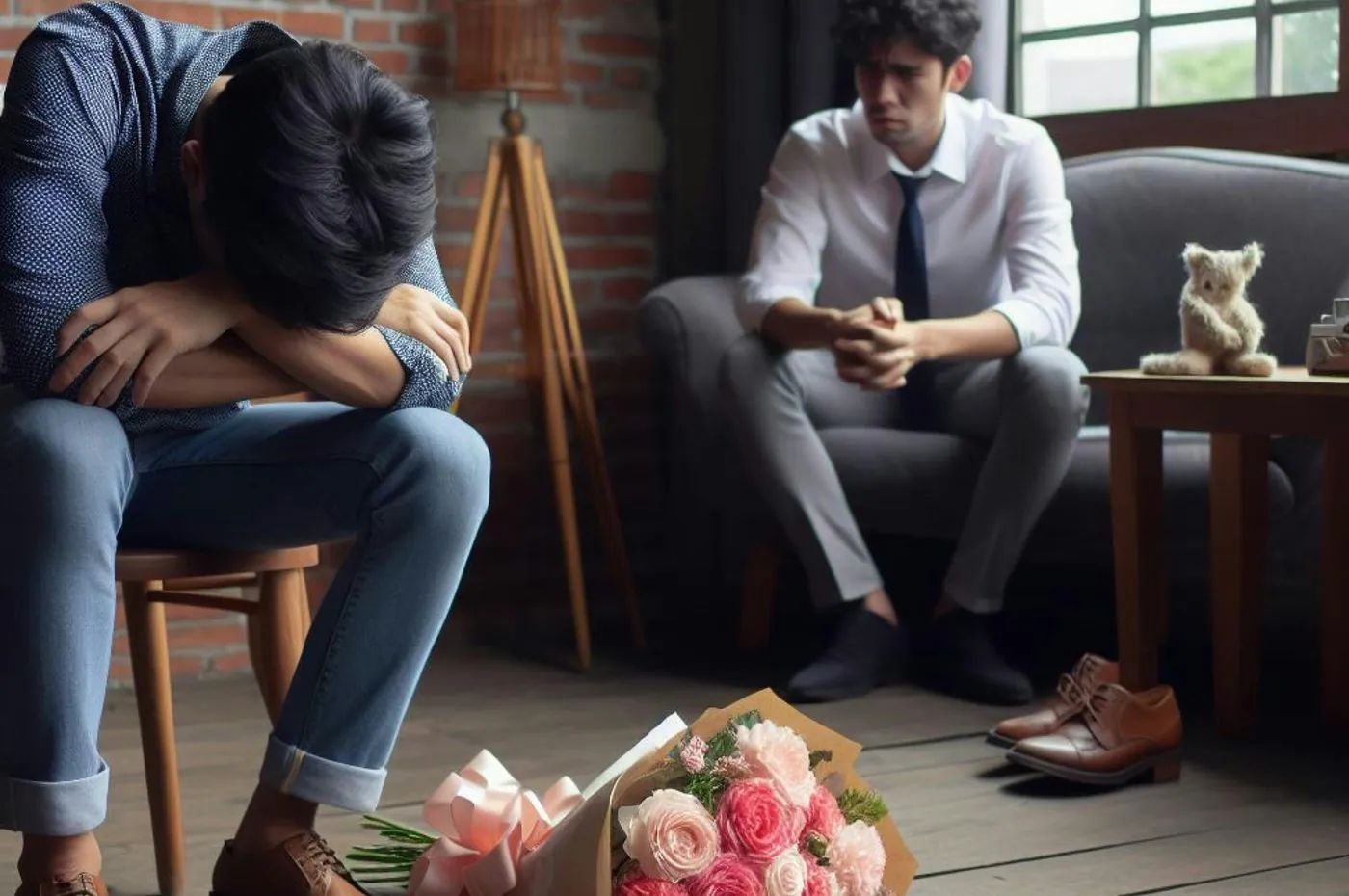 La anatomía del arrepentimiento: por qué el perdón no basta para sanar una infidelidad. 2 Pareja en crisis tras una infidelidad, uno de ellos con la cabeza entre los brazos y un ramo de flores en el suelo