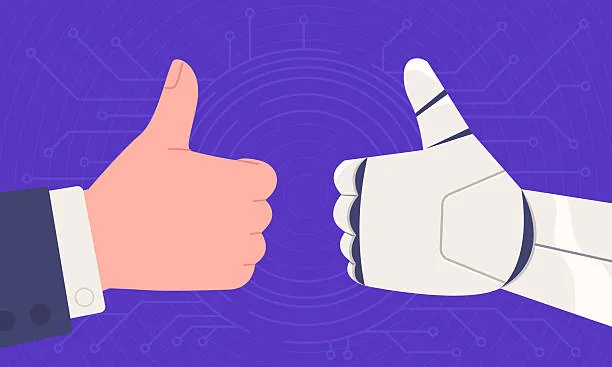 Síndrome del impostor en la era de la IA: ¿valgo menos si una máquina lo hace mejor que yo? 3 Ilustración de una mano humana y una mano robótica haciendo el gesto de pulgar arriba sobre fondo morado